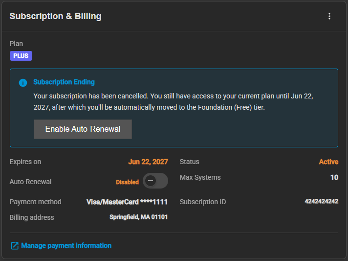 Subscription and Billing Widget Subscription and Billing Widget